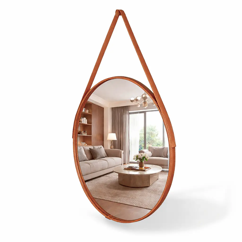 Espelho Redondo Decorativo Adnet Alça Couro Suporte 60cm Sala Quarto Banheiro - 1