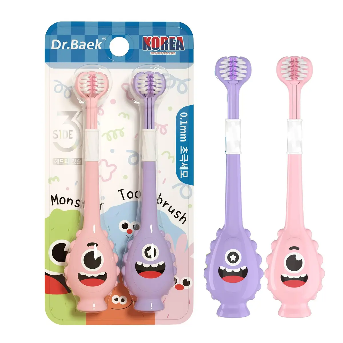 Dr.Baek Escova de Dente Infantil 3 Lados, Cerdas Macias Ultrafinas de 0,1 mm, Cabo Antiderrapante Monstrinho, Kit com 2 Unidades