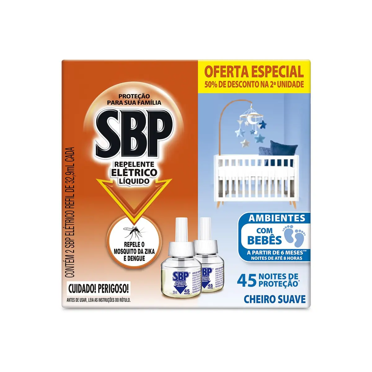 Repelente Elétrico Líquido SBP 45 Noites Cheiro Suave com 2 unidades de 32.9ml - 1
