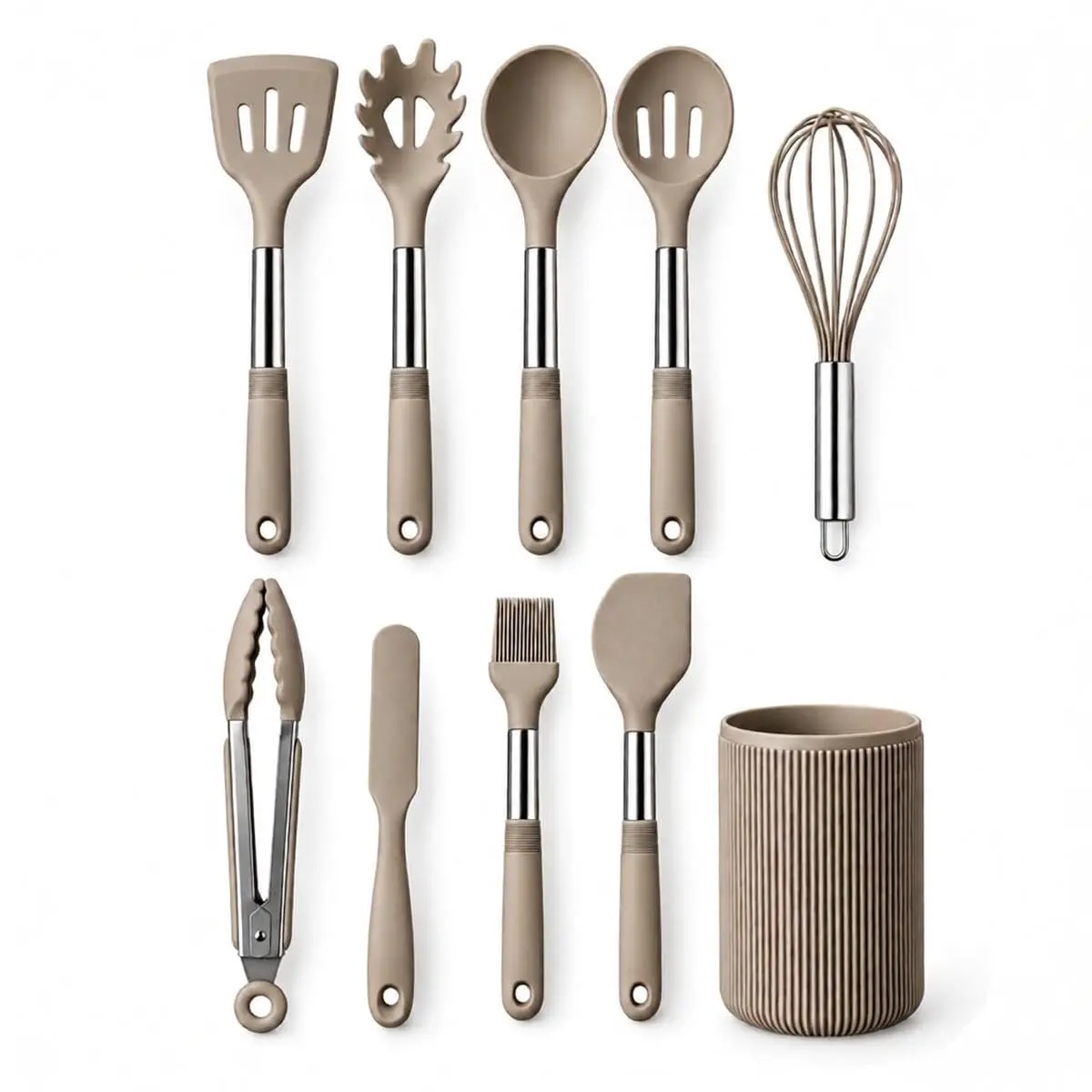 Kit Utensílios de Cozinha 10 Peças Silicone Inox com Suporte | Jogo Cozinha Completo Espátula Colher Concha Pegador (Greige) - 1
