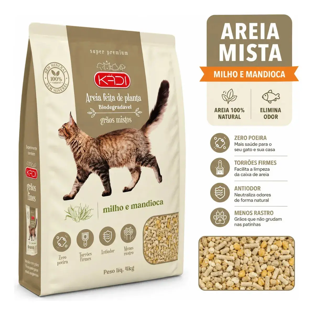 Areia Sanitária Gatos Milho Mandioca Kadi Graos Mistos 4kg thumbnail 4