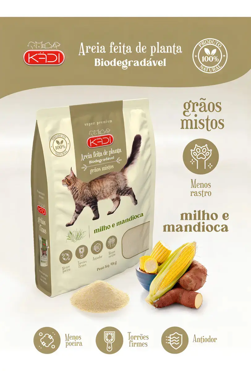 Areia Sanitária Gatos Milho Mandioca Kadi Graos Mistos 4kg thumbnail 5