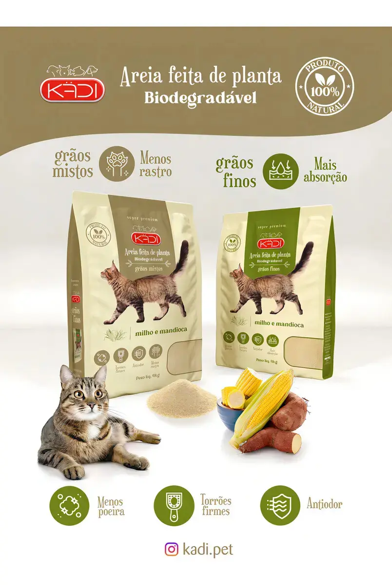Areia Sanitária Gatos Milho Mandioca Kadi Graos Mistos 4kg thumbnail 9