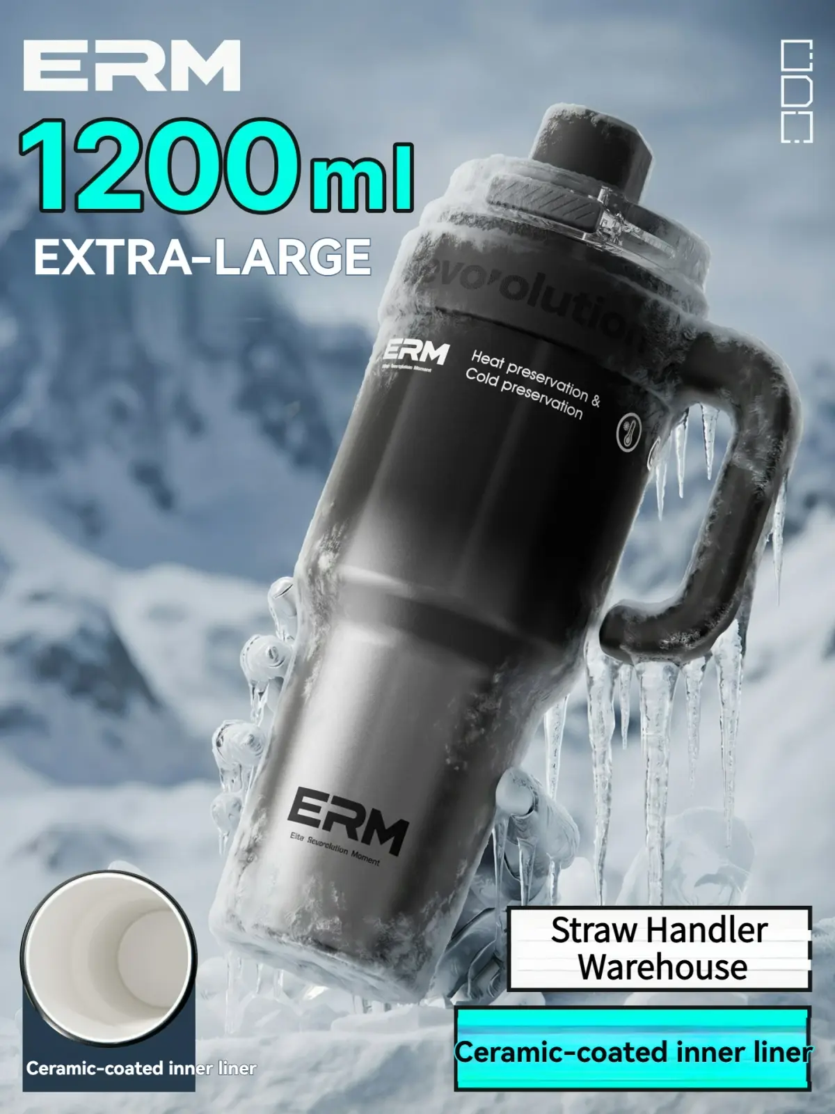 Copo Cerâmico Extra Grande de 1200ML, Garrafa de Água em Aço Inoxidável, Frasco Térmico Isolado com Canudo e Alça, à Prova de Vazamentos