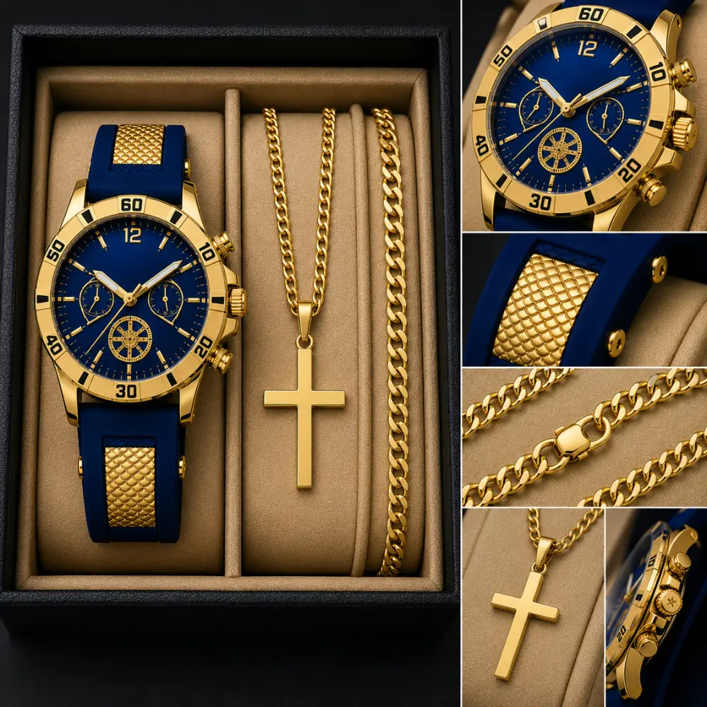 Relógio Masculino Luxo Banhado 18K De Silicone Com Corrente e Pulseira Premium - 1