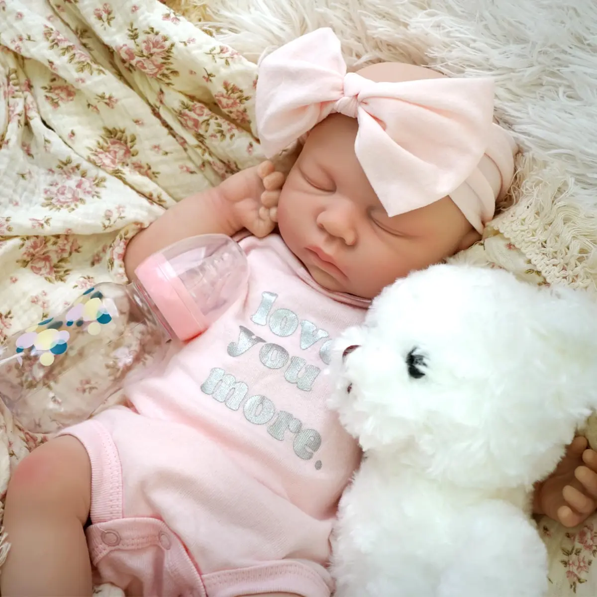 Bebê Reborn Menina Boneca de Silicone Sólido Dormindo Olhos Fechados 48cm Pode Tomar Banho