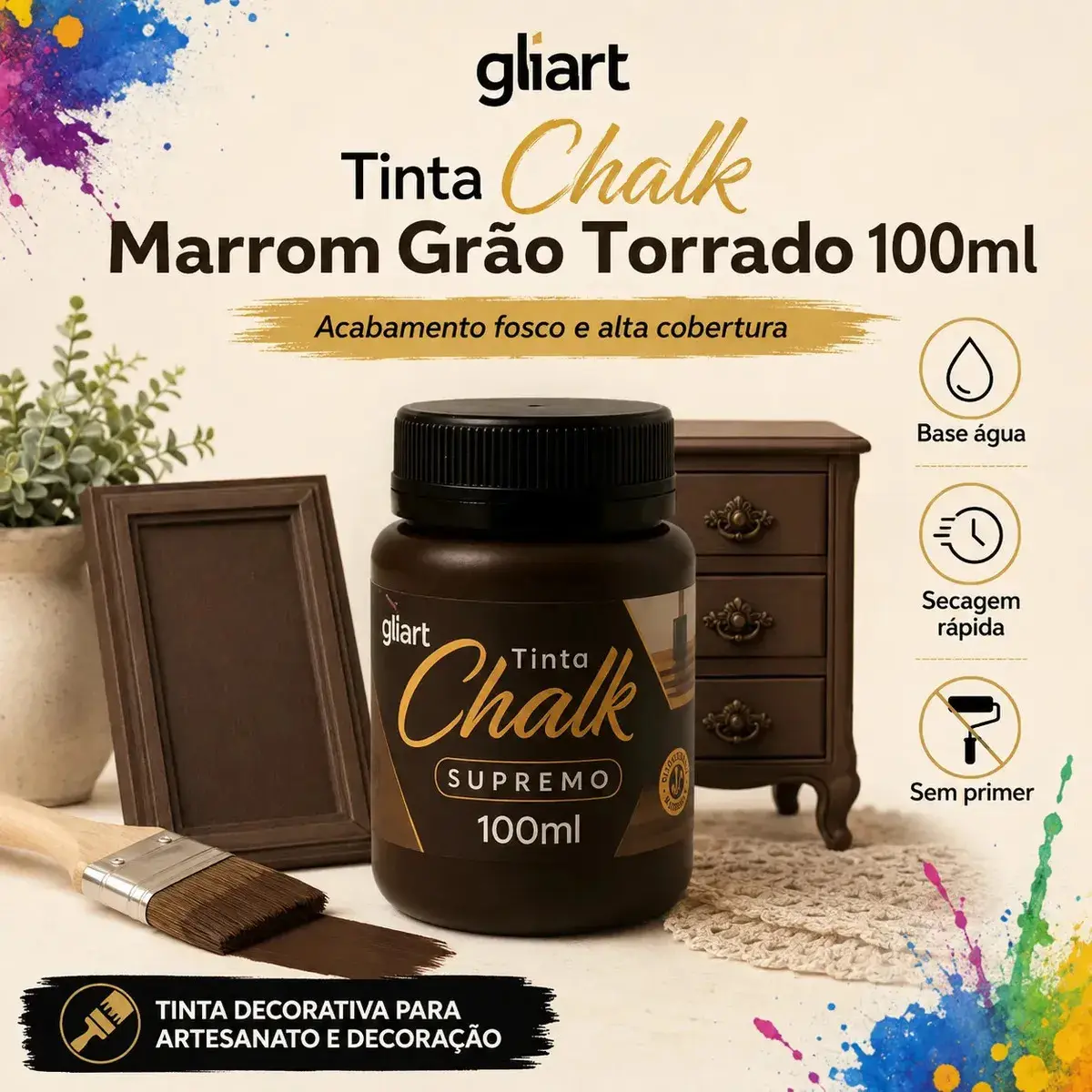 Tinta Chalk Gliart Marrom Torrado 100ml Acabamento Fosco Para Decorar Tinta Chalk Paint Para Móveis Mdf Madeira Cerâmica Vidro Porcelana Metal Galvanizado Gesso Cortiça Pet Tinta Decorativa Artesanato