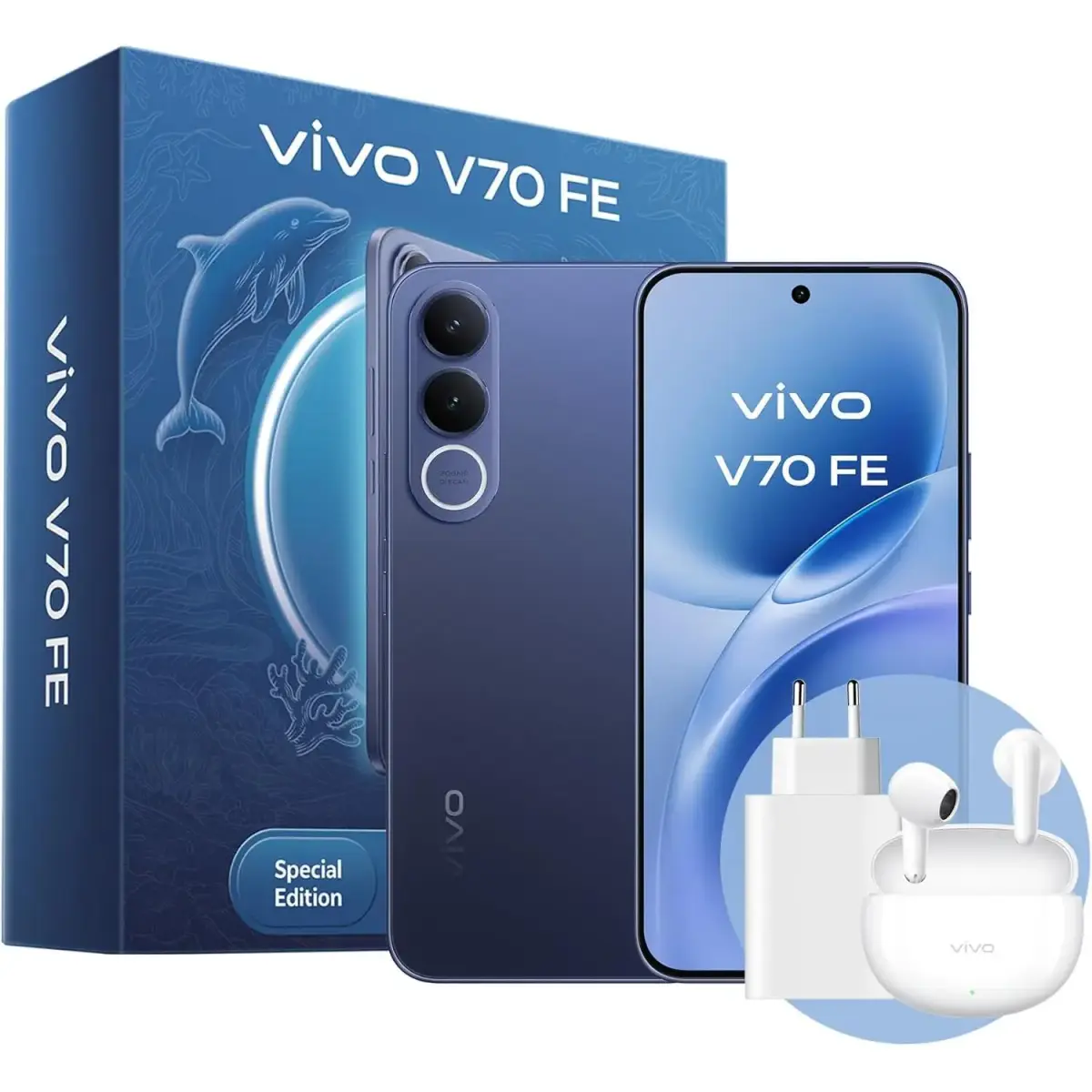 Telefone – pacote vivo V70 FE 5G, 8GB + 256GB / 8GB + 512GB, câmara de 200MP com OIS, bateria de 7000mAh e carregamento de 90W, ecrã AMOLED de 1,5K 120Hz, IP68/IP69, eSIM, 5 anos de atualizações, inclui:: Buds Air3 auscultadores + carregador de 90 W