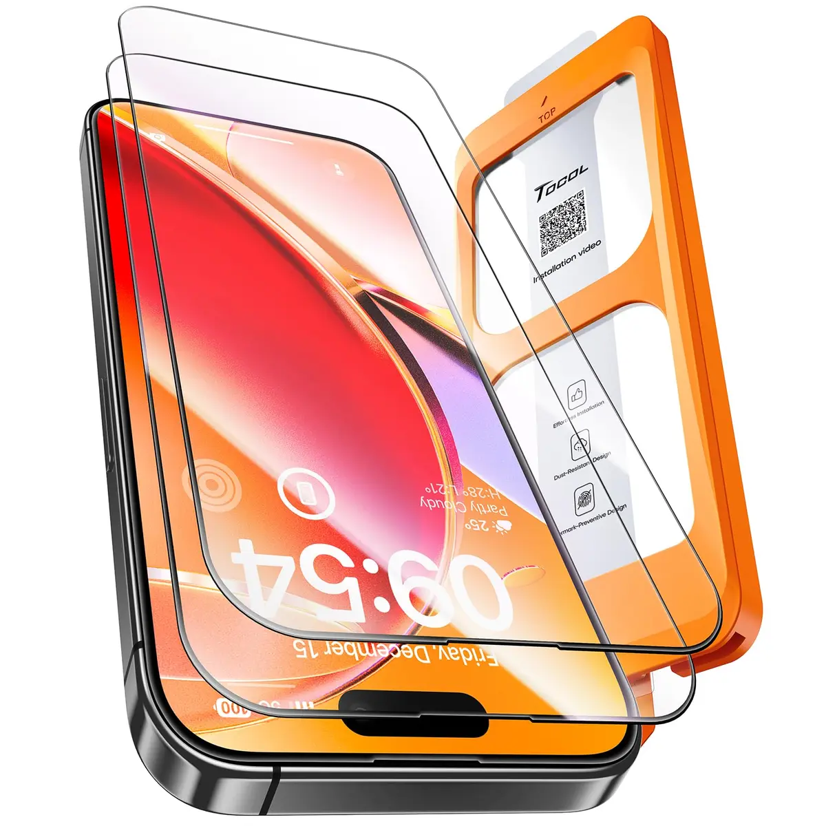 TOCOL Película para iPhone 16 Pro 6.3", Instalación Fácil sin Burbujas | Vidro Temperado 9H+, Proteção Militar Antiestilhaço 8 pés, Cobertura Total das Bordas, Compatível com Capas, HD, 2 Unidades