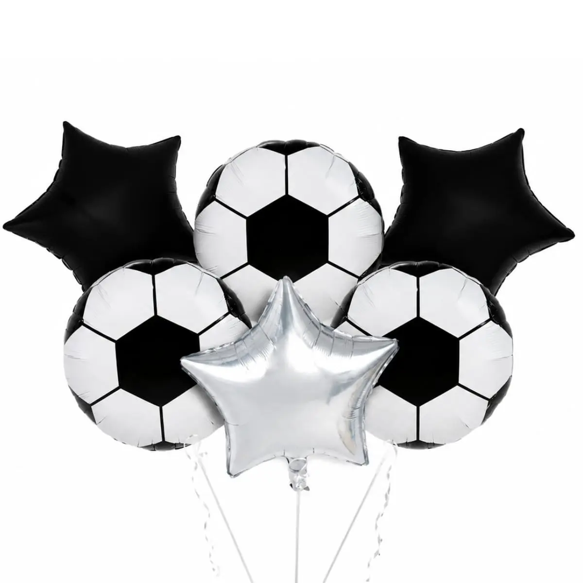 Kit Balões Futebol Bola e Estrela Preta 18 Pol Decoração 6 Peças | Inclui taça, camisa do Brasil, orbz 4D e kits variados. Ideal para festa de futebol e copa