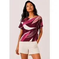 Blusa CabanaFree Básica Morcego Malha Gola Canoa Manga Curta Estampa Selva Bordô - 1