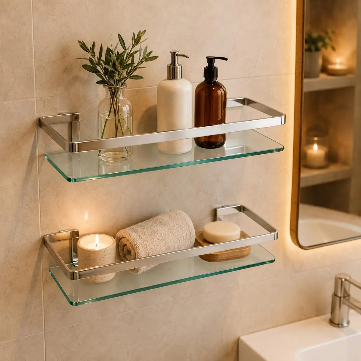 Kit 2 Porta Shampoo Vidro Incolor Inox Cromado Banheiro Parede | Kit com 2 porta shampoos de vidro e inox para organizar banheiro com design moderno. - 1