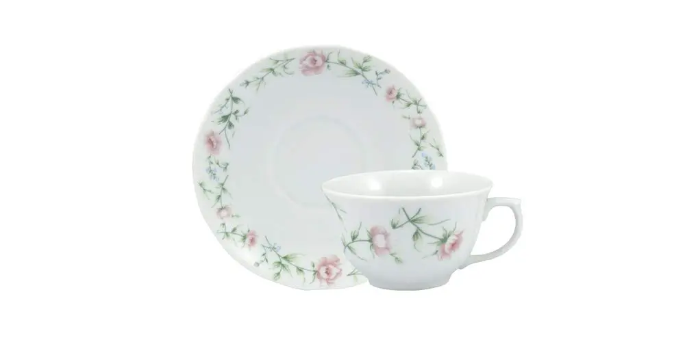 Estojo com 6 xícaras de chá com pires. Modelo redondo izabel. Decoração teresa. Porcelana real by porcelana schmidt.