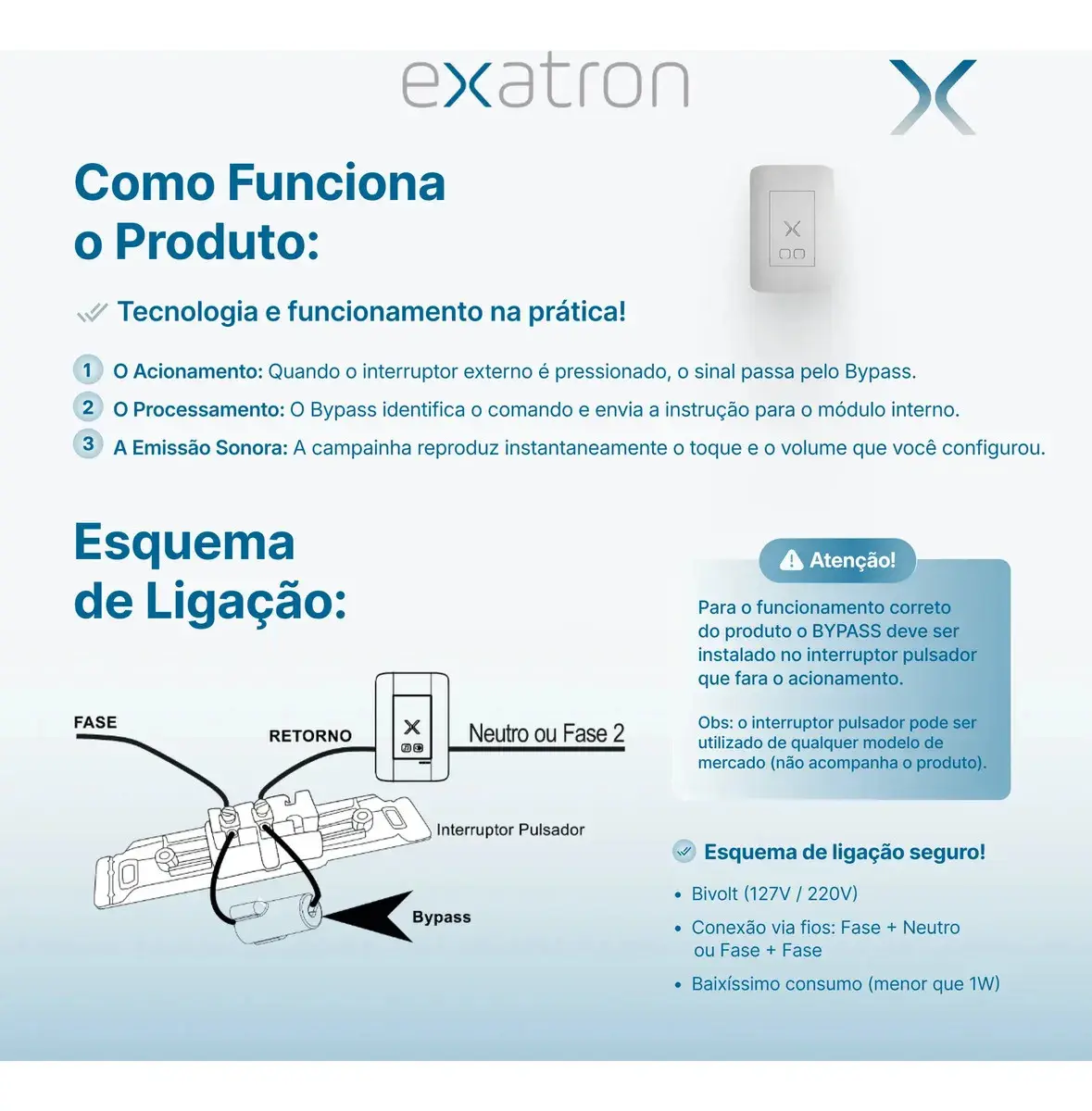 Campainha Com Fio Eletrônica Residencial Musical 28 Toques Exatron LECO4004 Bivolt Touch Volume Ajustável 4x2 Embutir Branca thumbnail 4