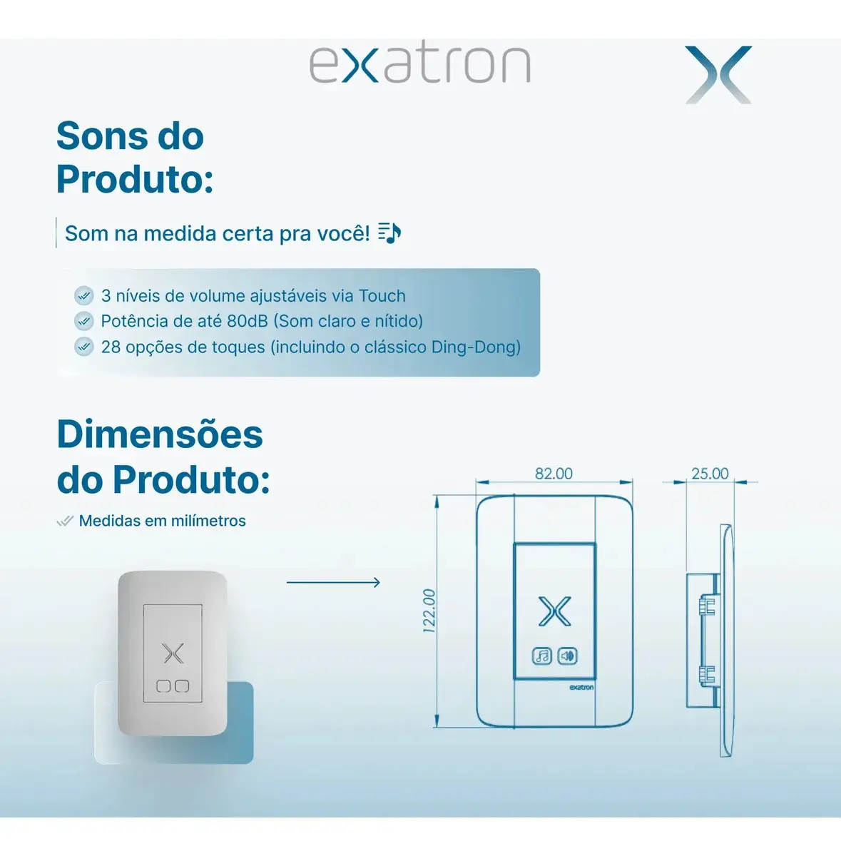 Campainha Com Fio Eletrônica Residencial Musical 28 Toques Exatron LECO4004 Bivolt Touch Volume Ajustável 4x2 Embutir Branca thumbnail 5