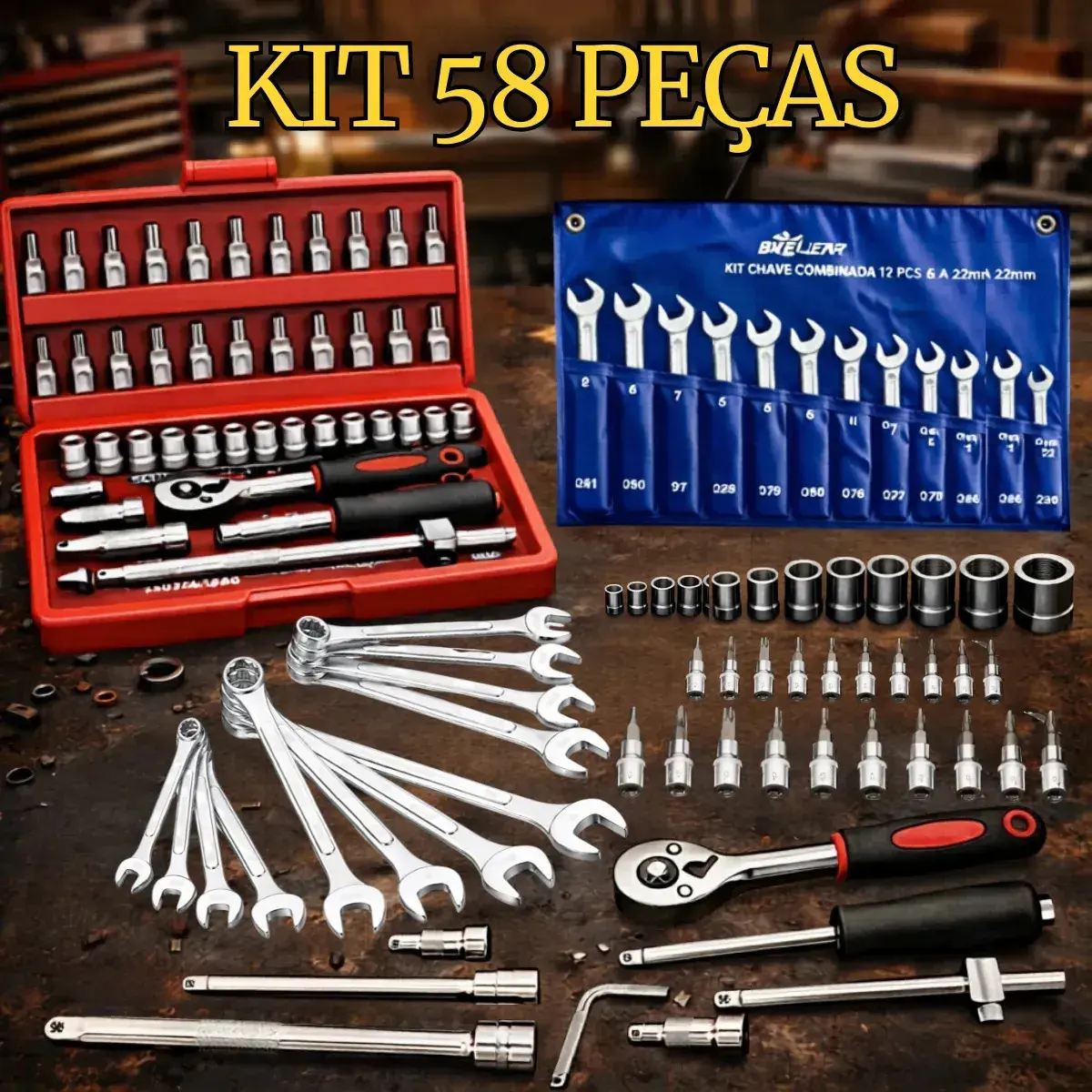 Kit Jogo De Ferramentas 58 Peças Completo Profissional Soquete 46 Peças + Chave Combinada 12 Peças Conserto Carro Moto Casa Oficina Kit Soquetes Com Catraca 46 Peças + Jogo 12 Chaves + Maleta Hexon - 1