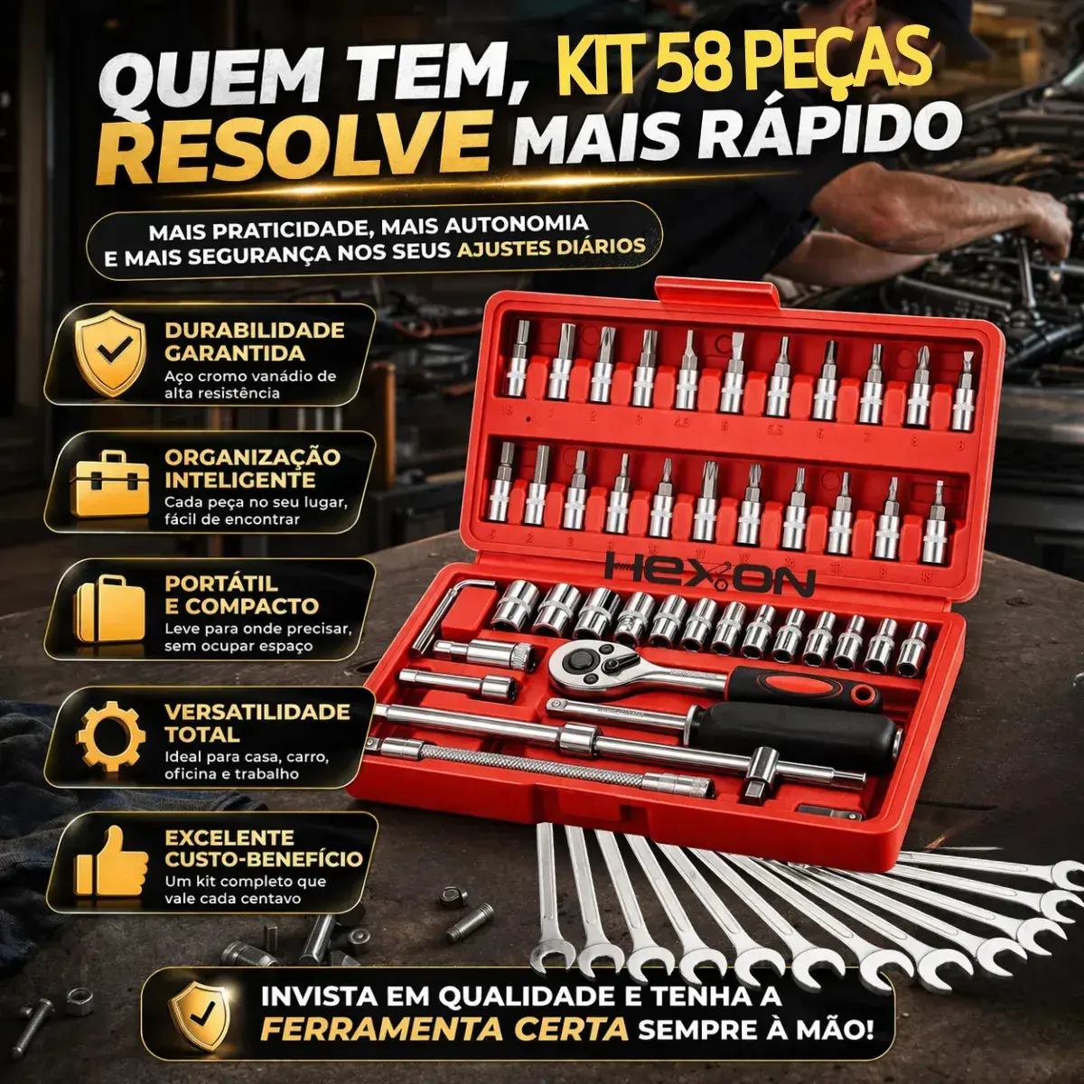 Kit Jogo De Ferramentas 58 Peças Completo Profissional Soquete 46 Peças + Chave Combinada 12 Peças Conserto Carro Moto Casa Oficina Kit Soquetes Com Catraca 46 Peças + Jogo 12 Chaves + Maleta Hexon thumbnail 2