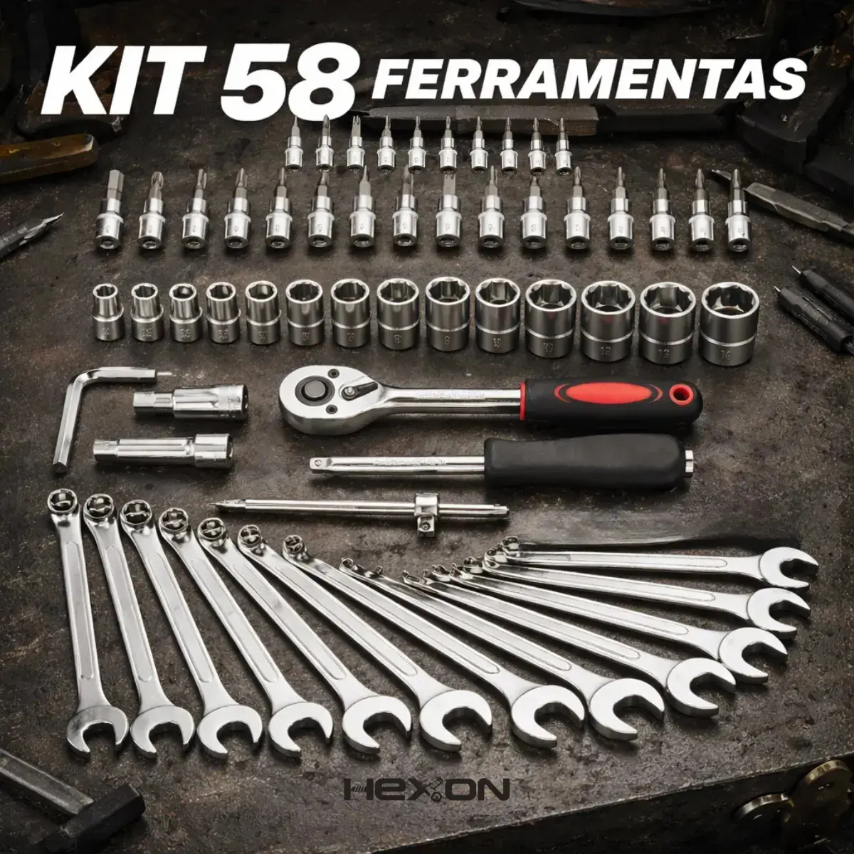 Kit Jogo De Ferramentas 58 Peças Completo Profissional Soquete 46 Peças + Chave Combinada 12 Peças Conserto Carro Moto Casa Oficina Kit Soquetes Com Catraca 46 Peças + Jogo 12 Chaves + Maleta Hexon thumbnail 5