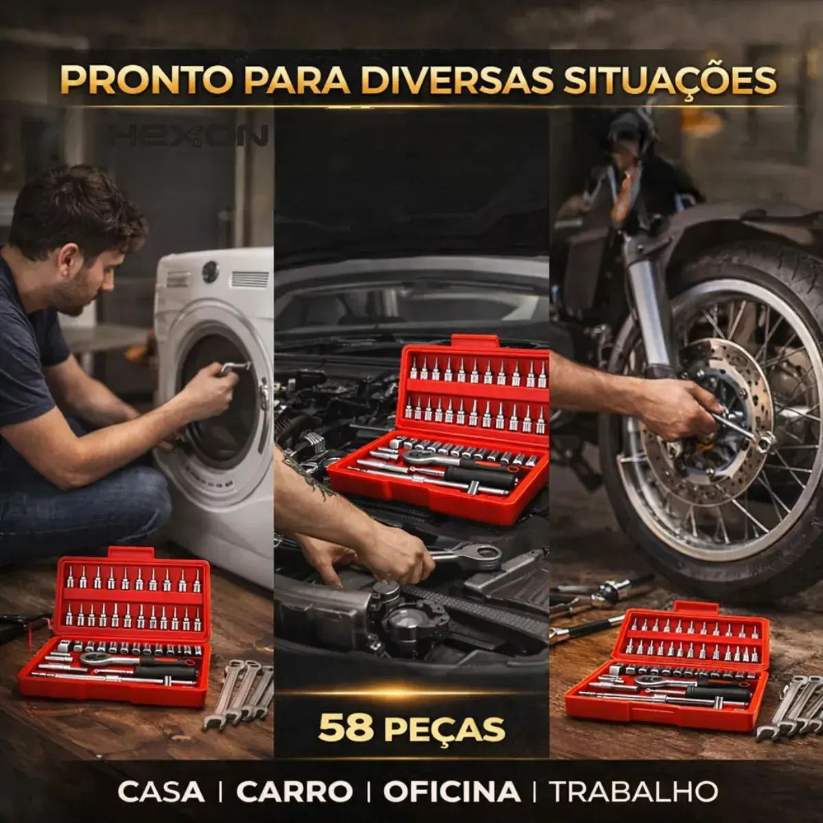 Kit Jogo De Ferramentas 58 Peças Completo Profissional Soquete 46 Peças + Chave Combinada 12 Peças Conserto Carro Moto Casa Oficina Kit Soquetes Com Catraca 46 Peças + Jogo 12 Chaves + Maleta Hexon thumbnail 6