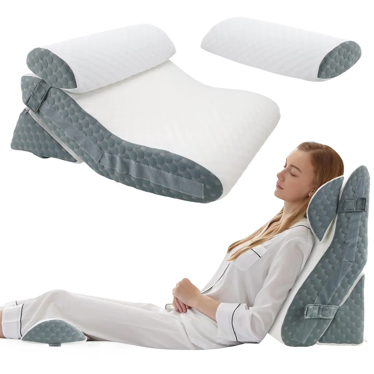 Conjunto de 4 peças travesseiro triangular, travesseiro de espuma pós-operatório, ajustável almofada lombar (com fronha), adequado para pós-cirurgia, alívio de refluxo ácido e dor nas costas, etc.