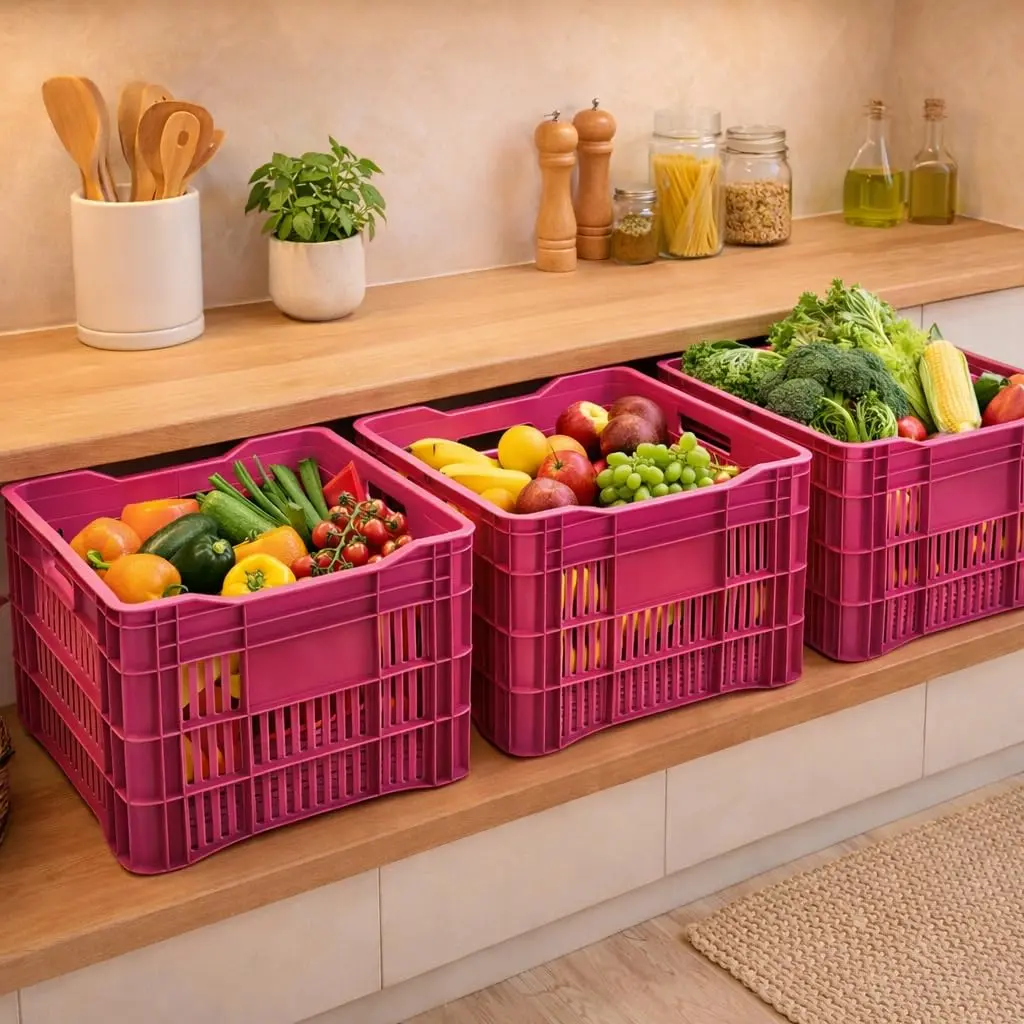 Kit 3 Caixas Plásticas Organizadoras Vazadas Rosa 55,5x36x31cm para Hortifruti Armazenamento e Transporte - 1