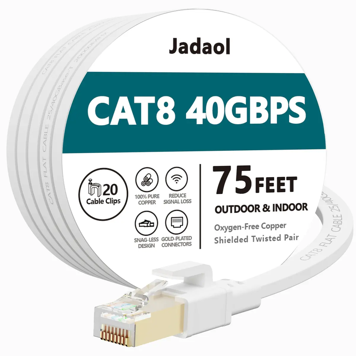 Jadaol Cabo Ethernet Cat8 75 pés, 40Gbps 2000MHz Cabo LAN Plano, Branco | Cabo de rede RJ45 de alta velocidade para roteador, modem, interruptor, consoles de jogos, PC, rede doméstica e dispositivos - 1