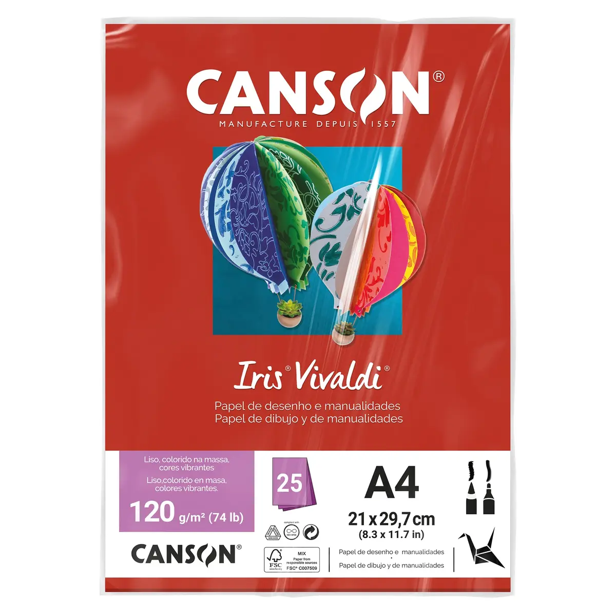 CANSON Iris Vivaldi, Papel Colorido A4 em Pacote de 25 Folhas Soltas, Gramatura 120 g/m², Cor Vermelho (14)