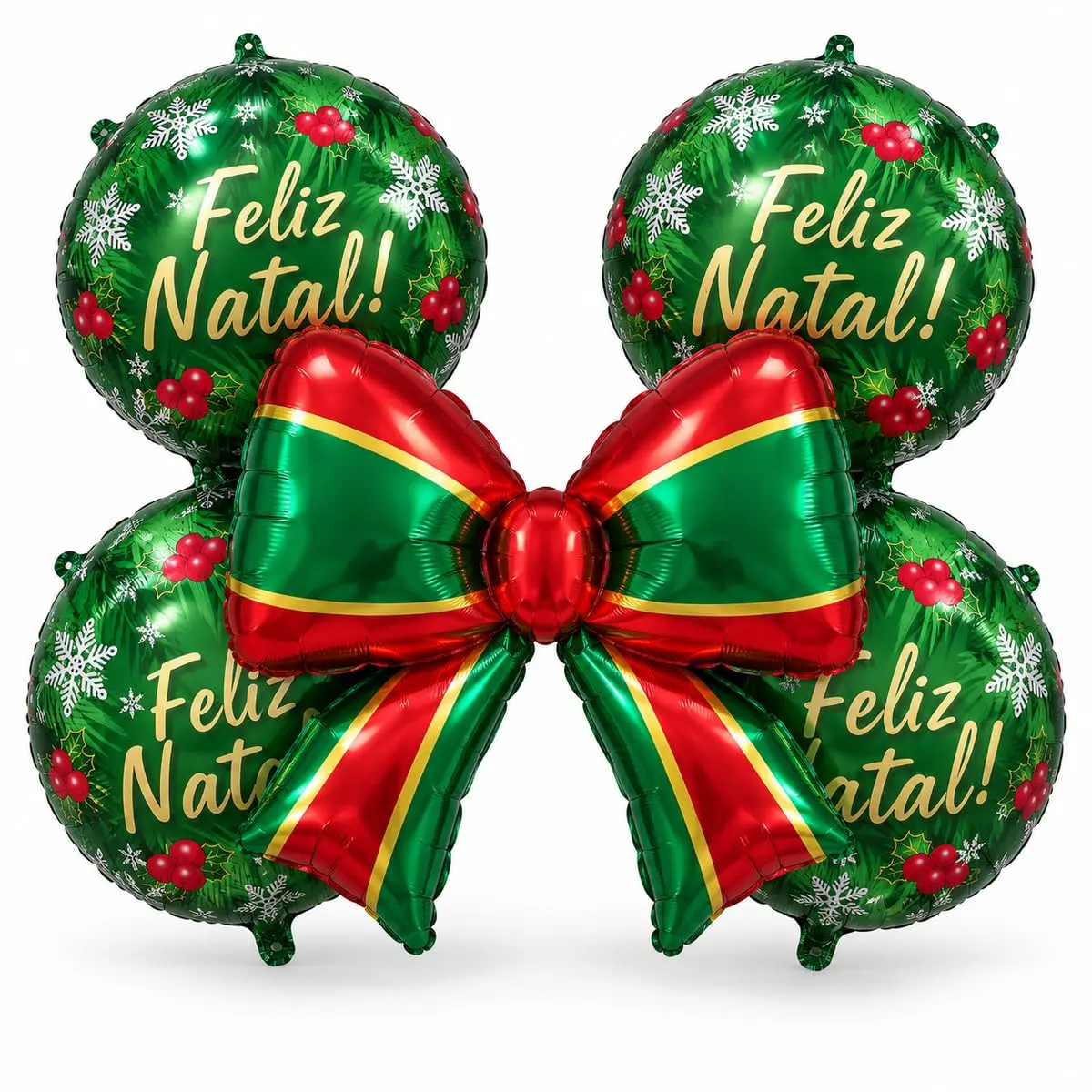 Kit 5 Balões Metalizados Feliz Natal Redondos 18 Pol e Laço 50 cm | Válvula própria, fácil de inflar