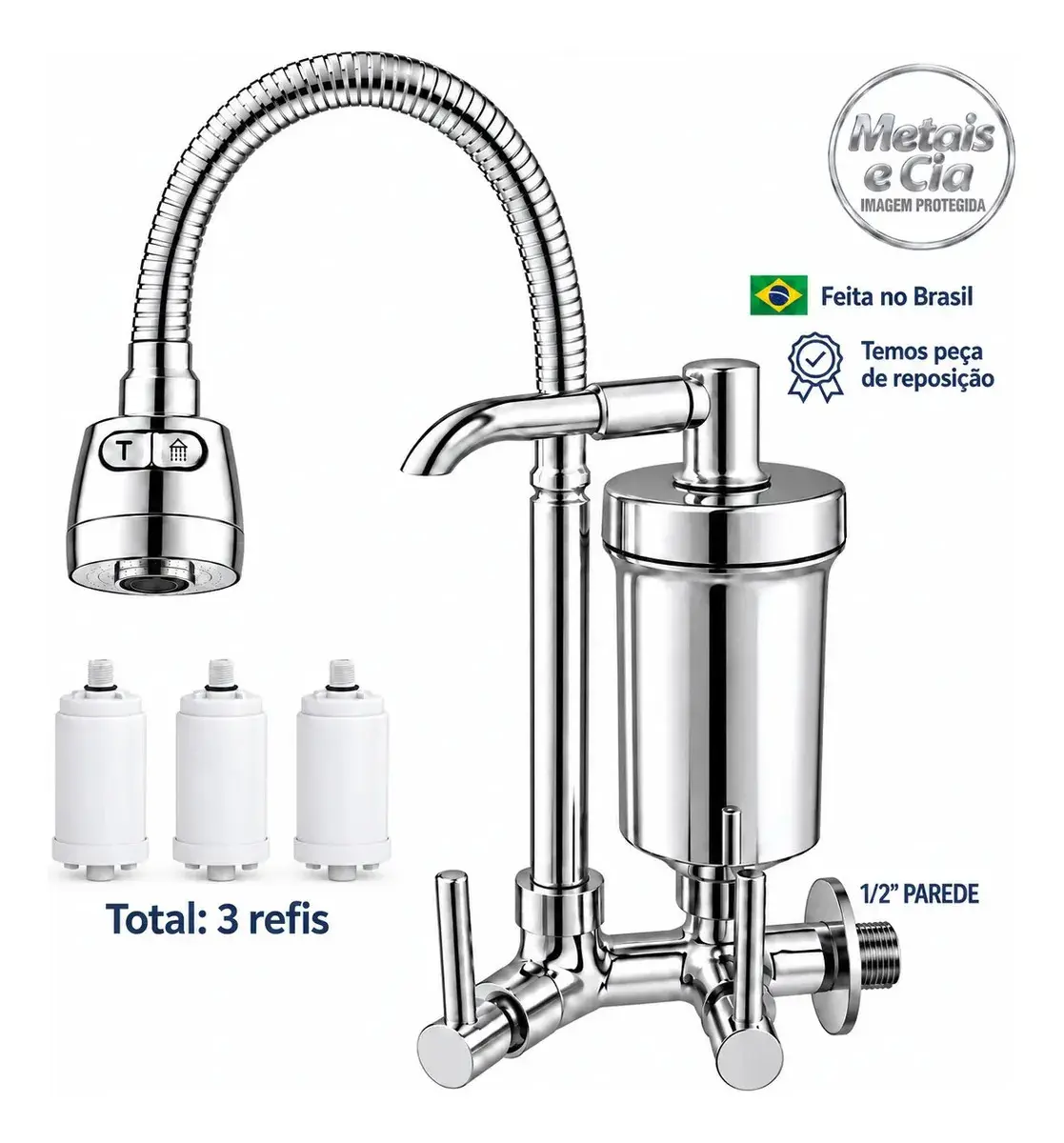 Torneira Com Filtro Cozinha Parede Gourmet Flexível Filtro 3 Refis Cromado Bica Cozinha Purificador de Agua