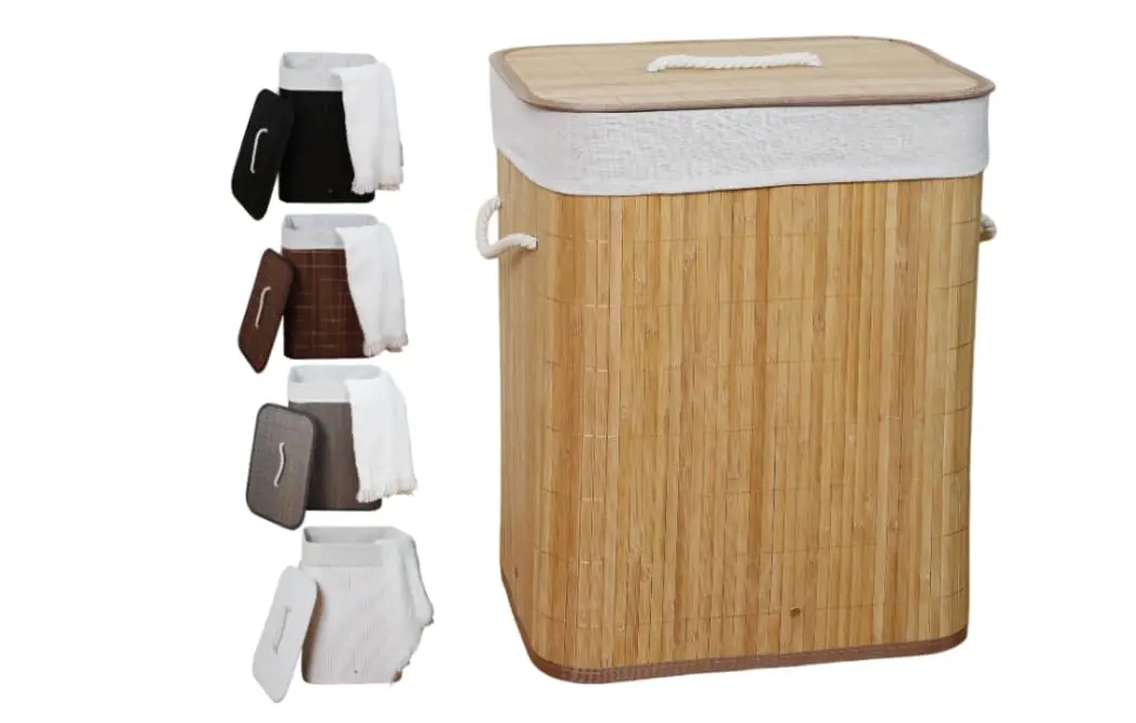 Cesto De Roupa Suja com Alças Em Bambu Com Tampa Forrado Banheiro Lavanderia Quarto - 1