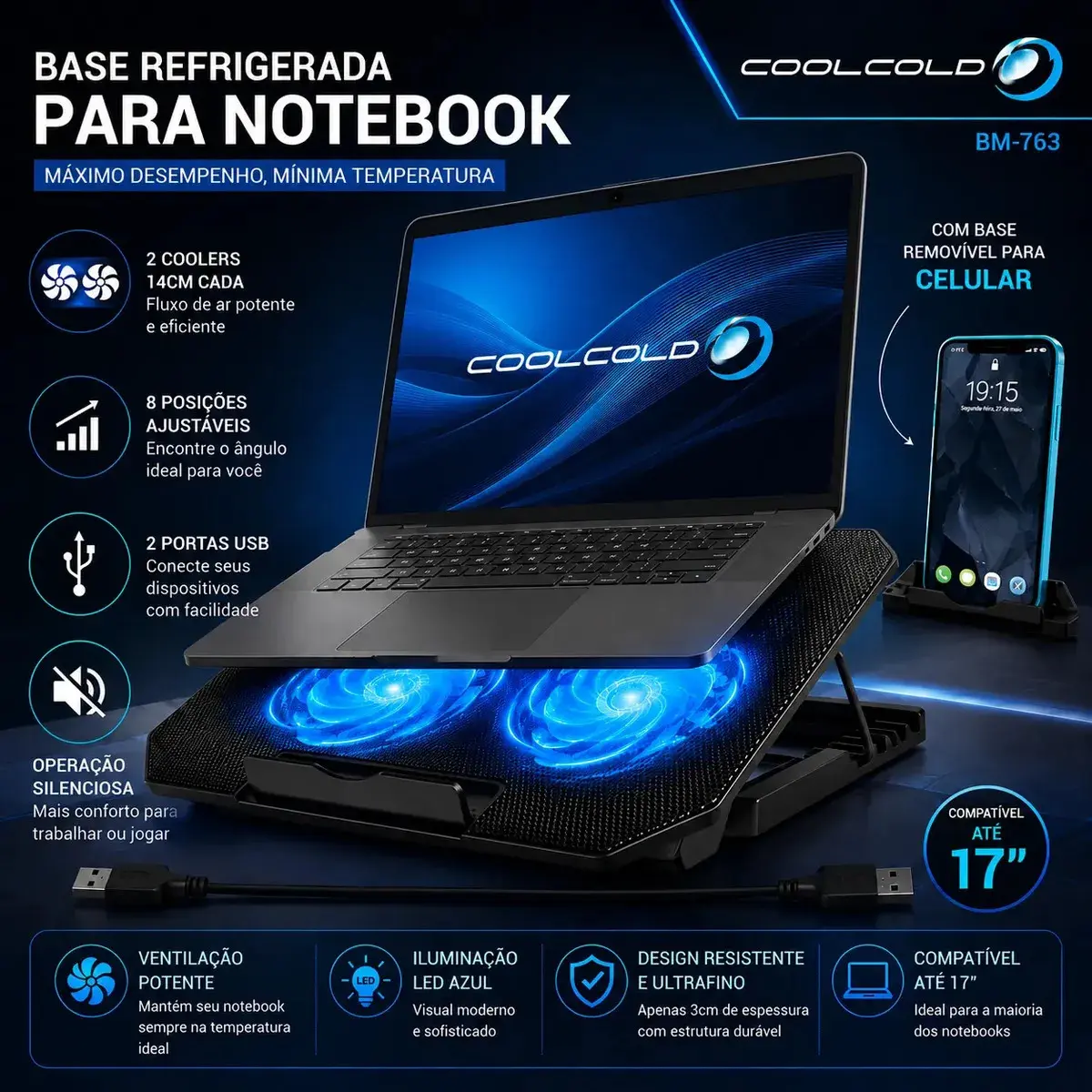 Suporte Notebook Coolcold Com 2 Cooler Ventoinhas Base Mesa Led Refrigerada Ventilação Silenciosa Cor Preto Led Azul Laptop Notebook Até 17 Polegadas