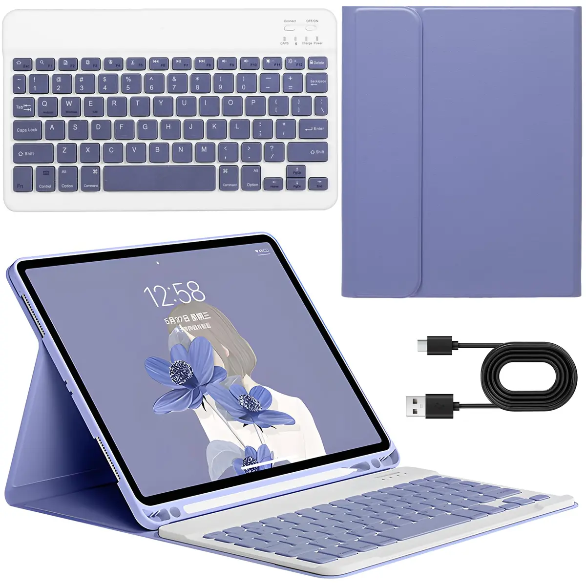 JINYUHAY Capa Fólio com Teclado Bluetooth e Porta-Lápis para iPad, Roxo | Compatível com iPad 10.2" 7ª/8ª/9ª, iPad Air3 10.5", iPad Pro 10.5" 2017, porta-lápis, teclado removível, proteção completa