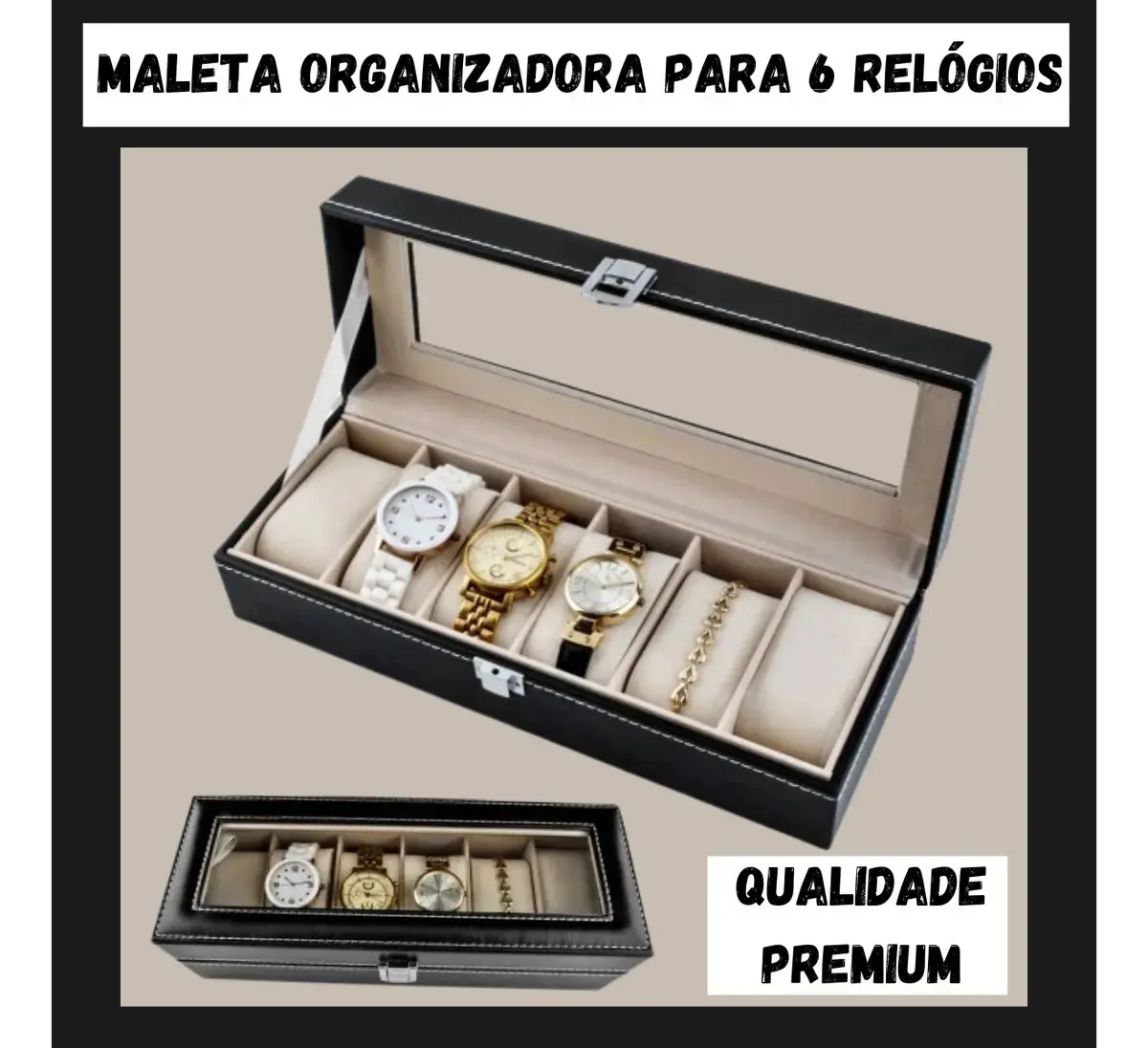Caixa Maleta Estojo Porta Relógios Organizadora 6 Lugares Cor Preto Marca PB Comércio Mix thumbnail 5