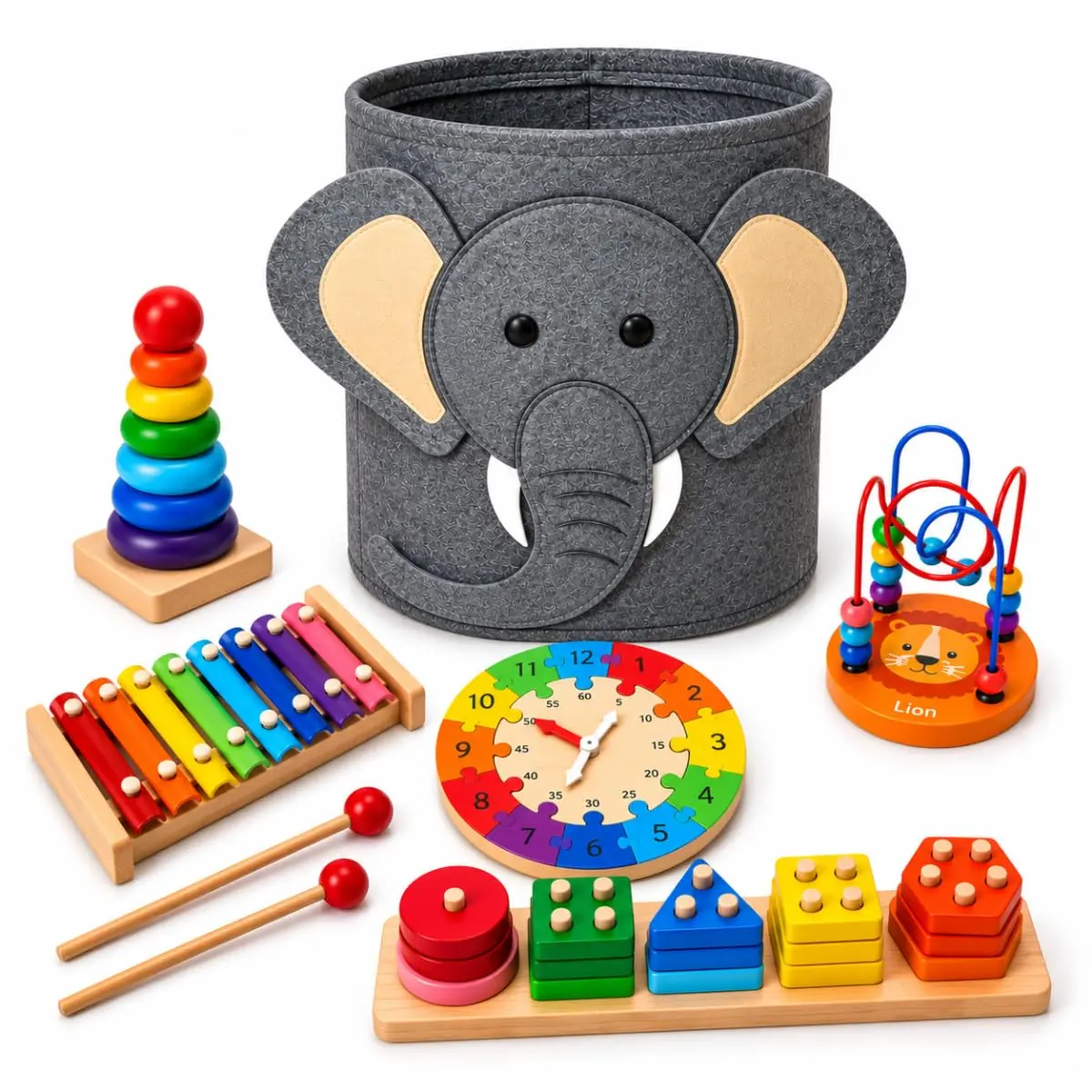 Kit Educativo Montessori 6 em 1 de Madeira com Organizador (Elefante) | Organizador Elefante - Torre - Xilofone - Relógio - Encaixe Formas - Ábaco