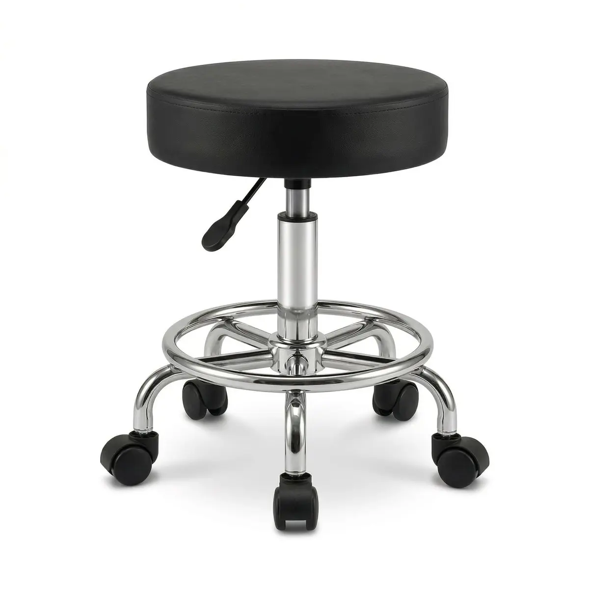 Cadeira Mocho Giratória Sem Encosto BKZA – Rodas Nylon Deslizam Fácil, Couro PU Impermeável, Pistão Gás 44–55cm, Suporta 130kg – Esteticista Manicure Pedicure (Preto)