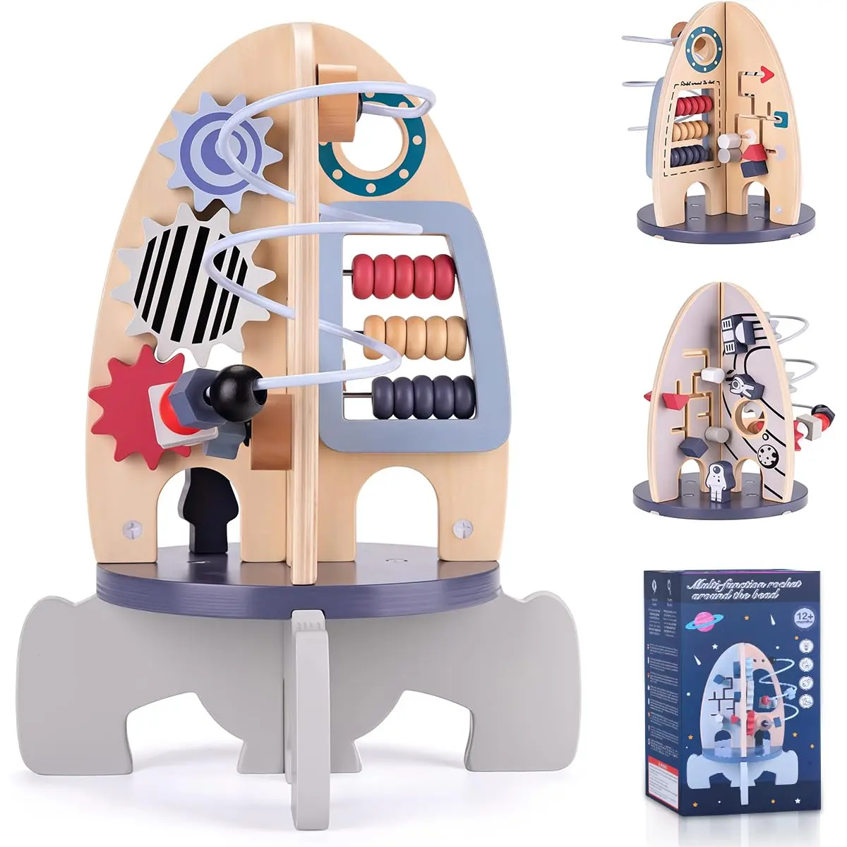 Montessori Brinquedo Sensorial Contas De Madeira STEM Educativo Infantil | Brinquedo de Madeira Foguete Multifuncional Labirinto de Contas Educativo STEM Bebê Criança 1-3 anos