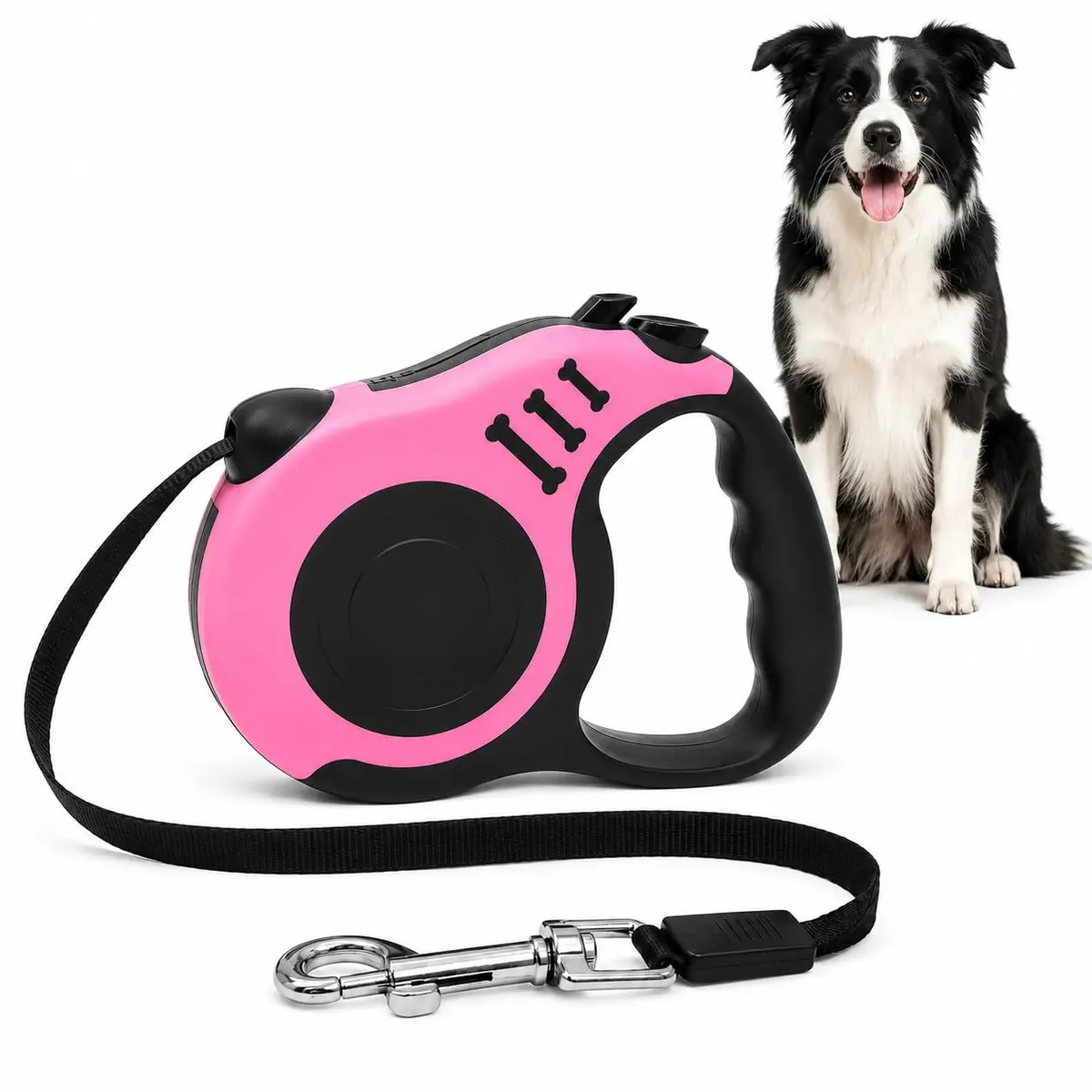 Guia Retrátil para Cães e Gatos 3 m Rosa com Trava de Segurança, Alça Ergonômica, Fita Retrátil Resistente e Clipe Metálico para Passeios - 1