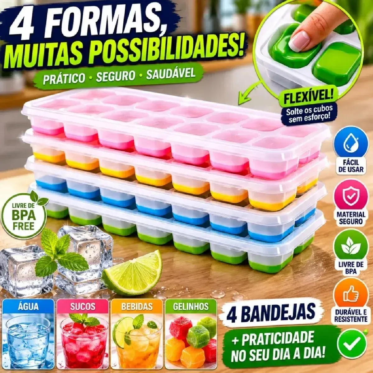 Kit 4 Formas de Gelo Silicone Fundo Flexível 14 Cubos Tampa Rígida Congelar Papinha Alimentos Segura Saudável HXRD - 1