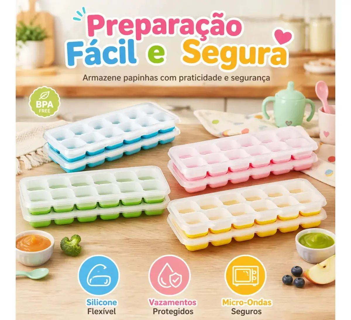 Kit 4 Formas de Gelo Silicone Fundo Flexível 14 Cubos Tampa Rígida Congelar Papinha Alimentos Segura Saudável HXRD thumbnail 2