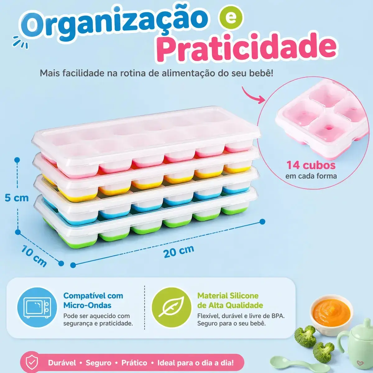 Kit 4 Formas de Gelo Silicone Fundo Flexível 14 Cubos Tampa Rígida Congelar Papinha Alimentos Segura Saudável HXRD thumbnail 3