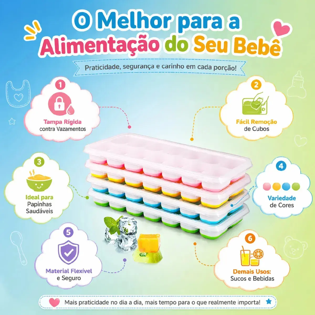 Kit 4 Formas de Gelo Silicone Fundo Flexível 14 Cubos Tampa Rígida Congelar Papinha Alimentos Segura Saudável HXRD thumbnail 4