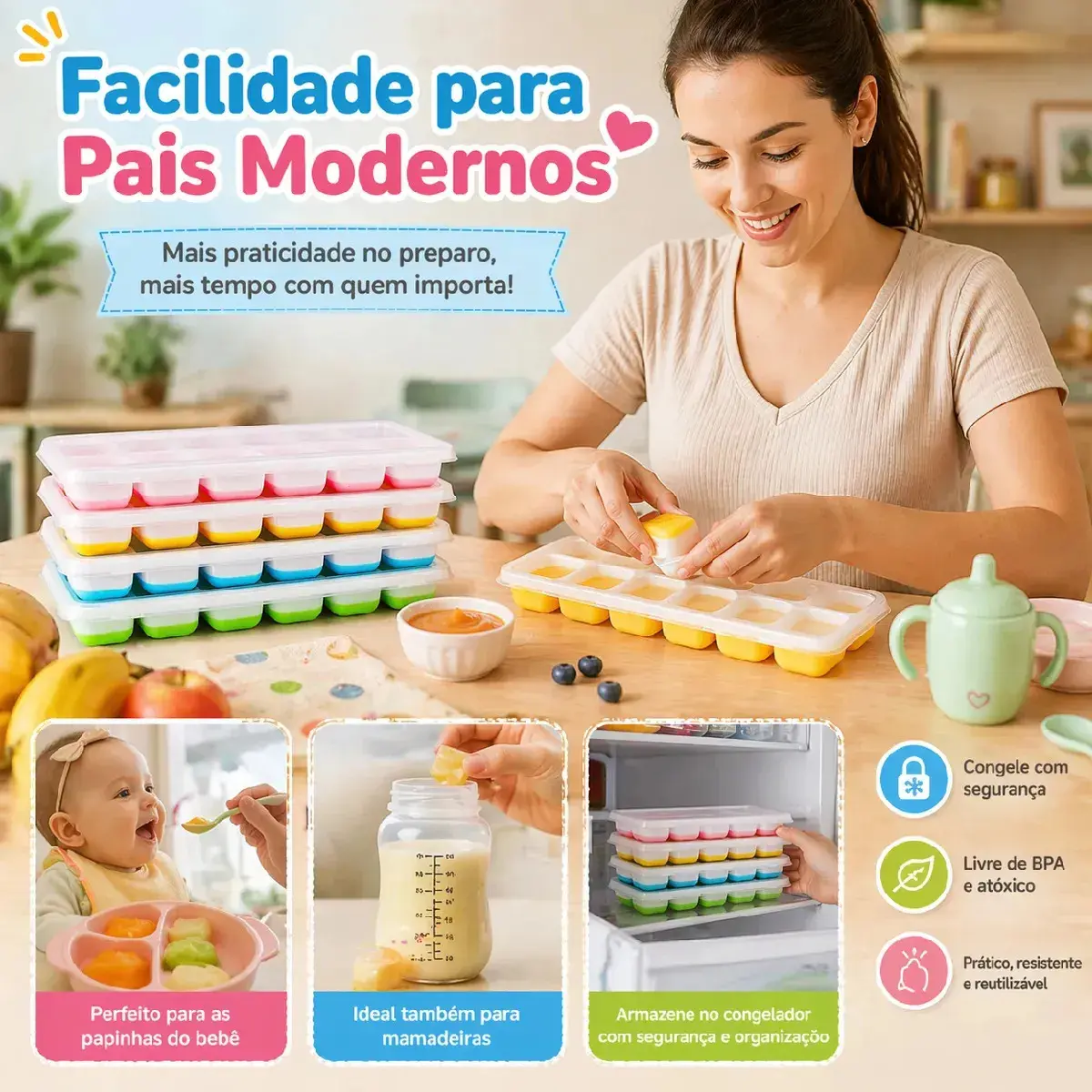 Kit 4 Formas de Gelo Silicone Fundo Flexível 14 Cubos Tampa Rígida Congelar Papinha Alimentos Segura Saudável HXRD thumbnail 5