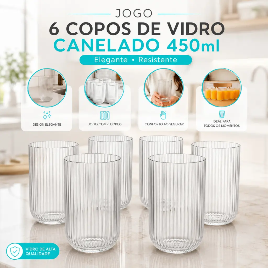 Jogo 6 Copos de Vidro Canelado 450ml Elegante Resistente para Água Suco e Drinks - 1