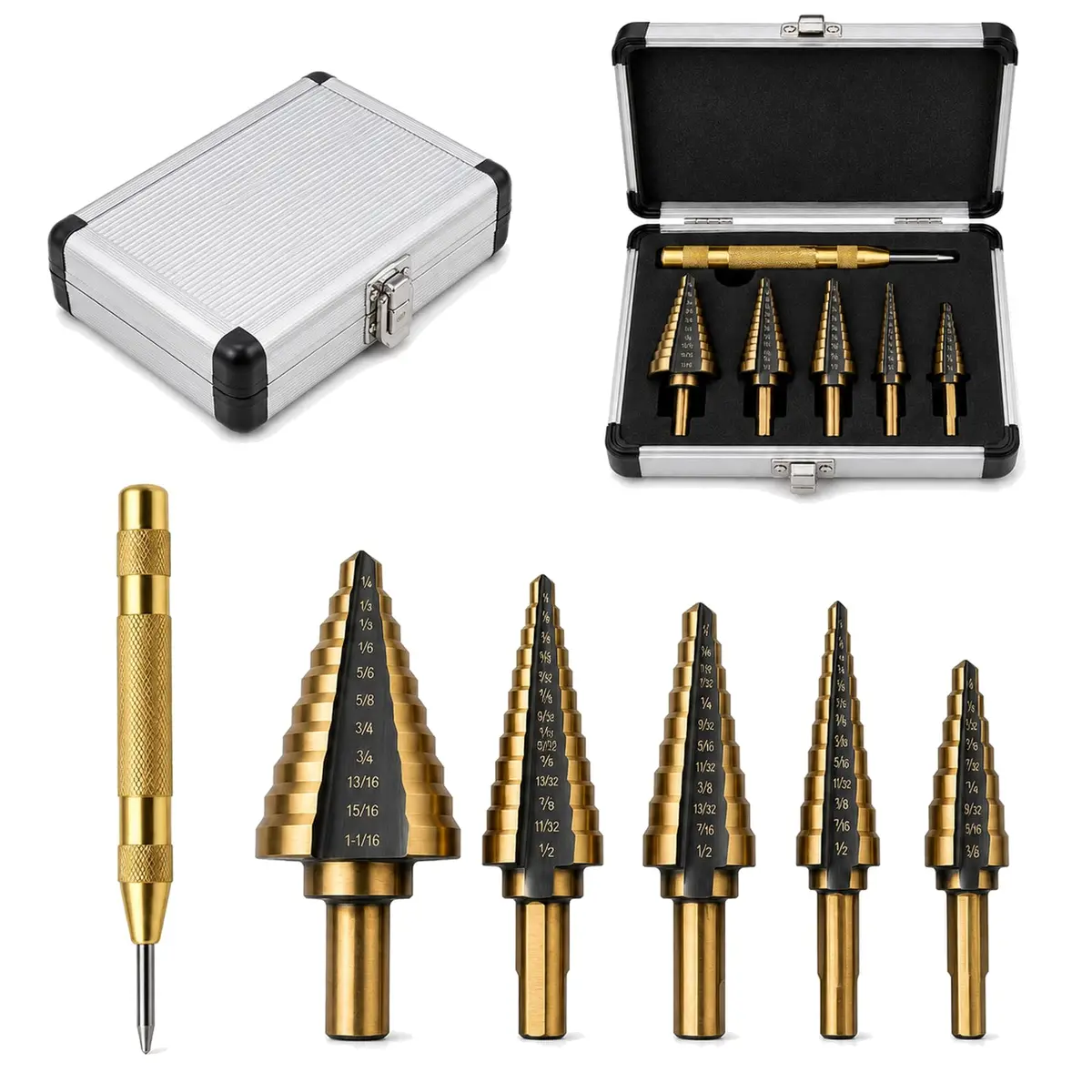 Jogo de Brocas Escalonadas, Kit 6 Peças com 5 Brocas de Aço Rápido HSS Revestidas em Titânio, Punção Central Automático e Estojo, para Furadeira, Metal, Madeira, Plástico, Alumínio e Cobre