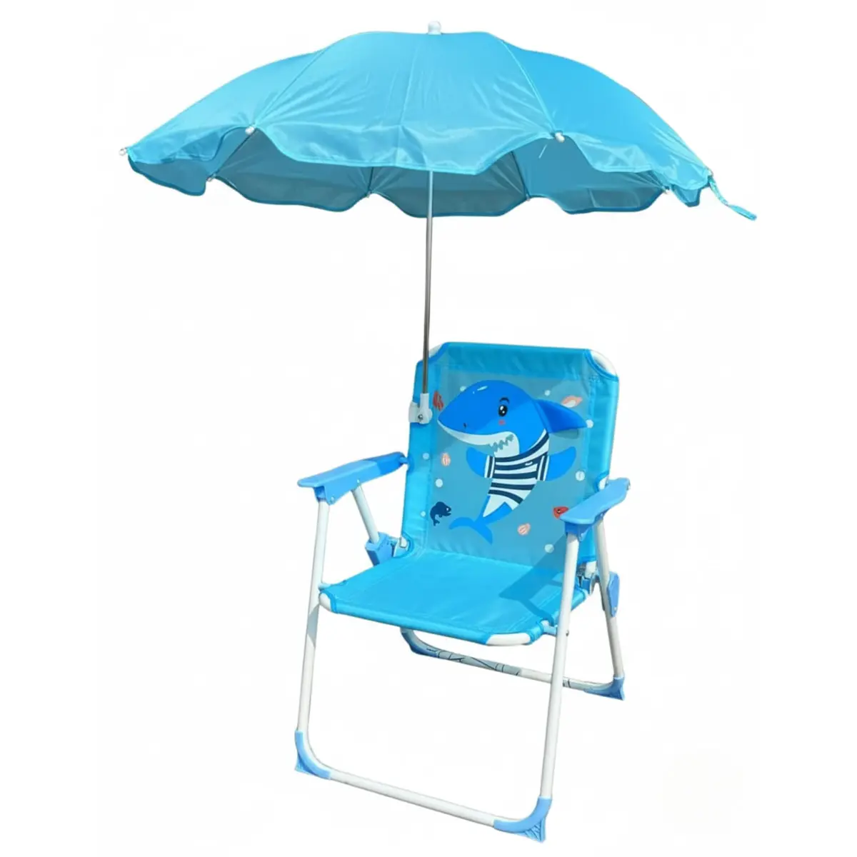 Cadeira de Praia Infantil com Guarda-Sol Proteção Solar Dobrável | Uso ideal em piqueniques, piscinas e gramados; estrutura em aço leve com assento ergonômico seguro para crianças. Cor: Azul