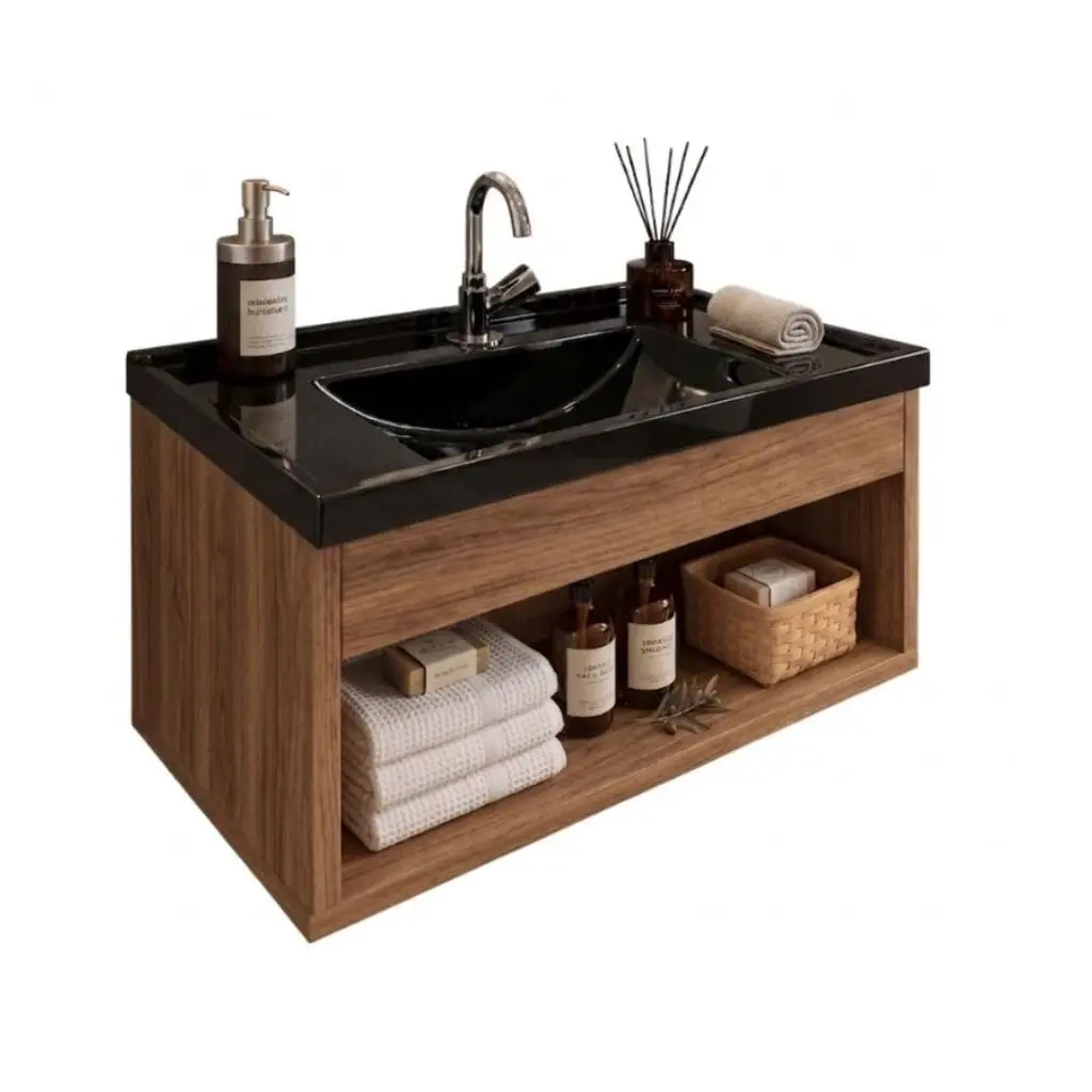 Gabinete de Banheiro com Pia Integrada em MDF para Lavabo(Amadeirado (Pia Preta)) - 1