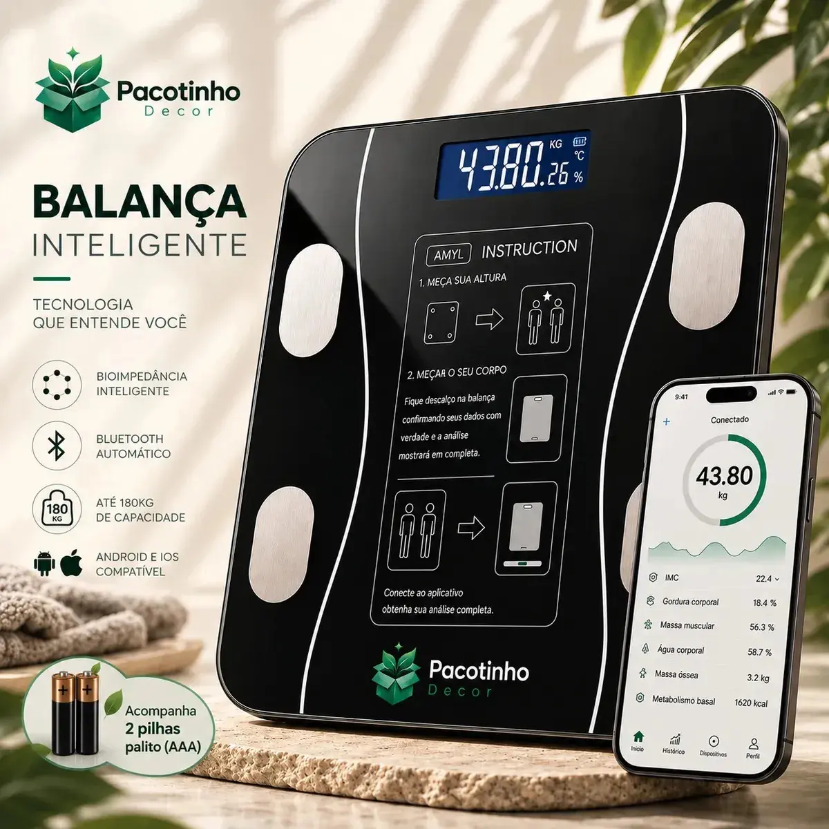Balança Digital Smart Bioimpedância 180kg Bluetooth IMC Corporal App Android iOS Pacotinho Decor