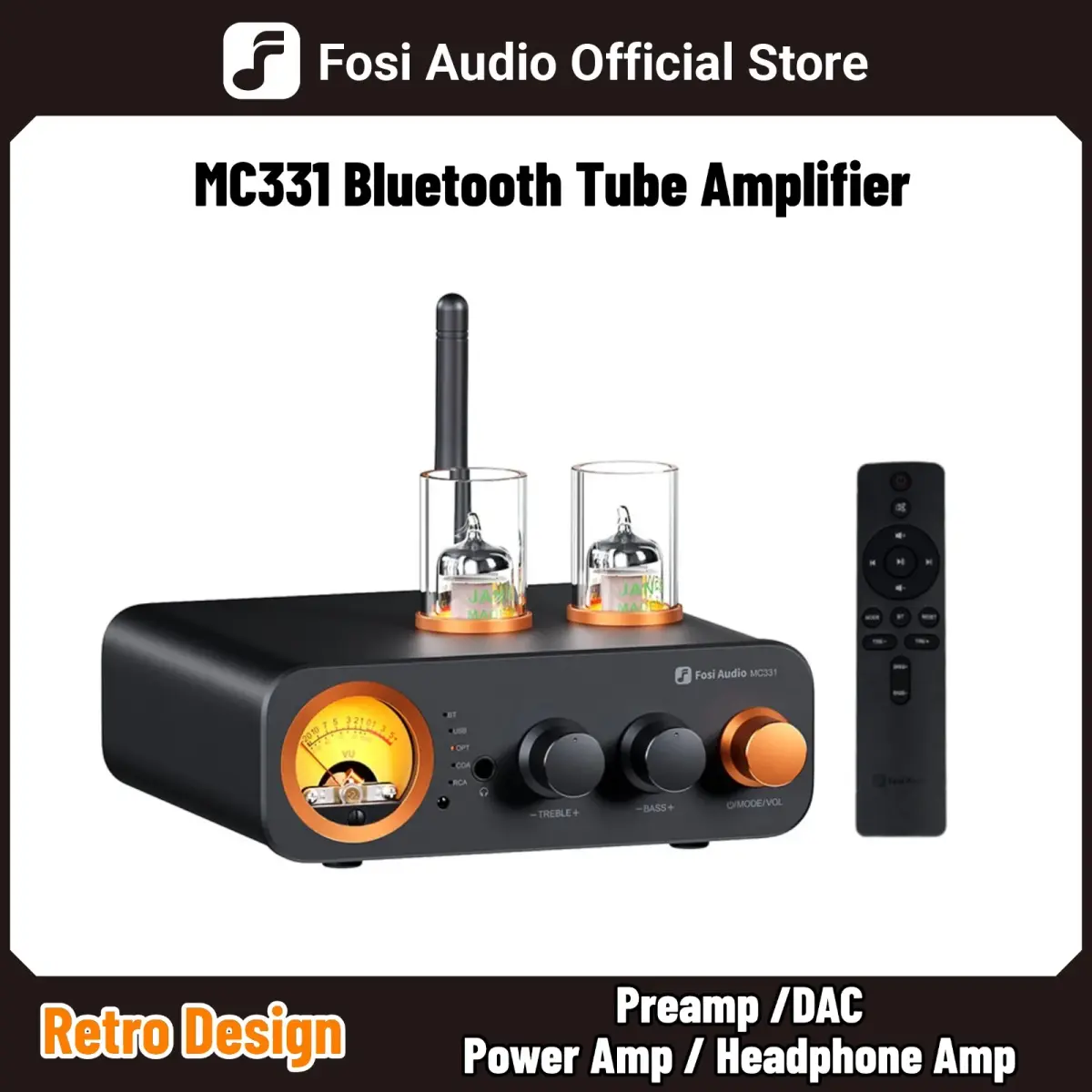 Amplificador de Áudio Integrado Fosi Audio MC331 2.0 Canais Bluetooth Estéreo, Mini DAC Tudo-em-Um para Caixa de Som Passiva