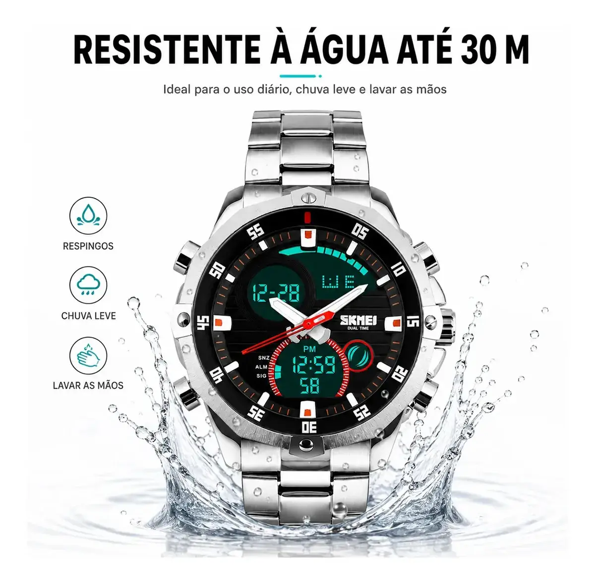 Relógio Masculino Digital Analógico SKMEI 1146 Prata Resistente à Água 30M Com Pulseira de Aço Inoxidável, Dual Time, Cronômetro, Alarme, Luz LED, Data e Dia da Semana, Esportivo Casual, Moda Urbana thumbnail 2