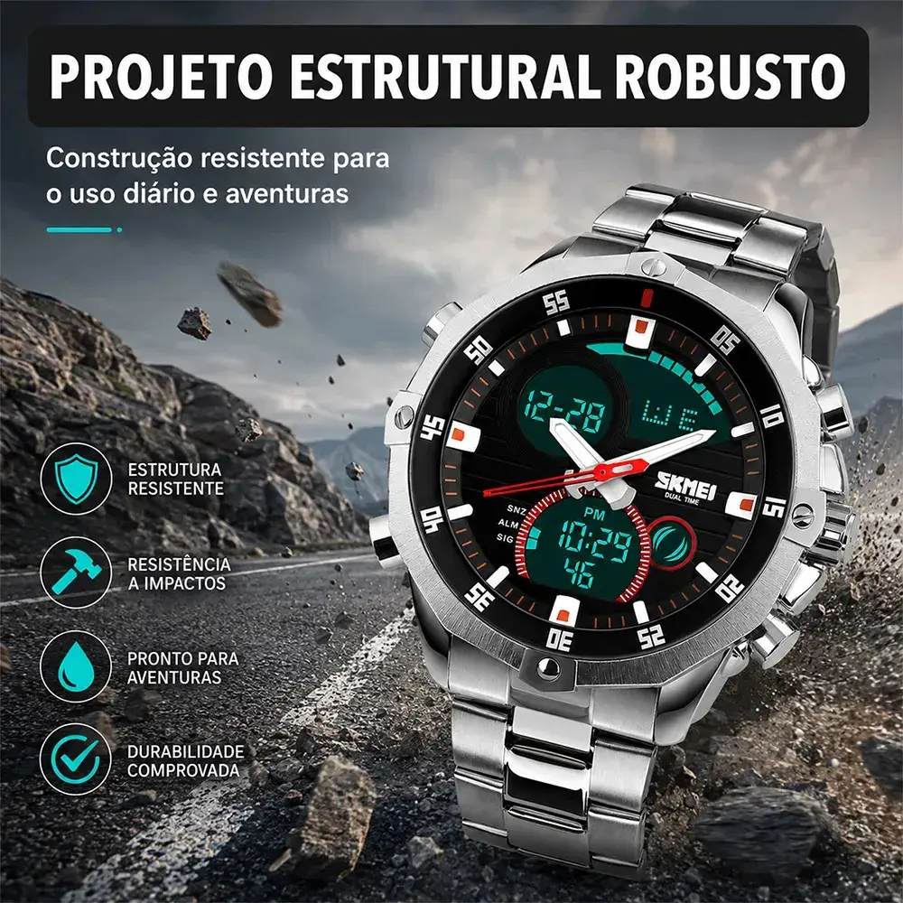 Relógio Masculino Digital Analógico SKMEI 1146 Prata Resistente à Água 30M Com Pulseira de Aço Inoxidável, Dual Time, Cronômetro, Alarme, Luz LED, Data e Dia da Semana, Esportivo Casual, Moda Urbana thumbnail 3